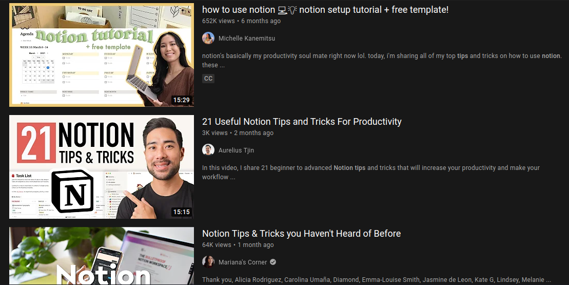 Youtube search result displaying Notion tricks